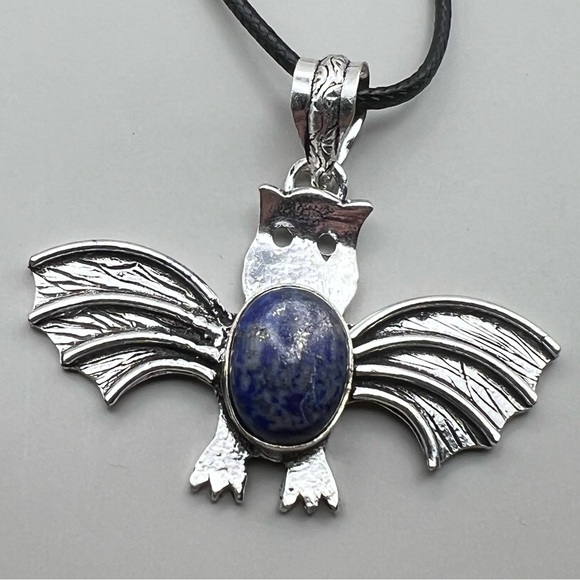 New Lapis Lazuli Stone Halloween Bat Silver Overlay Pendant Necklace with Cord - Picture 3 of 6